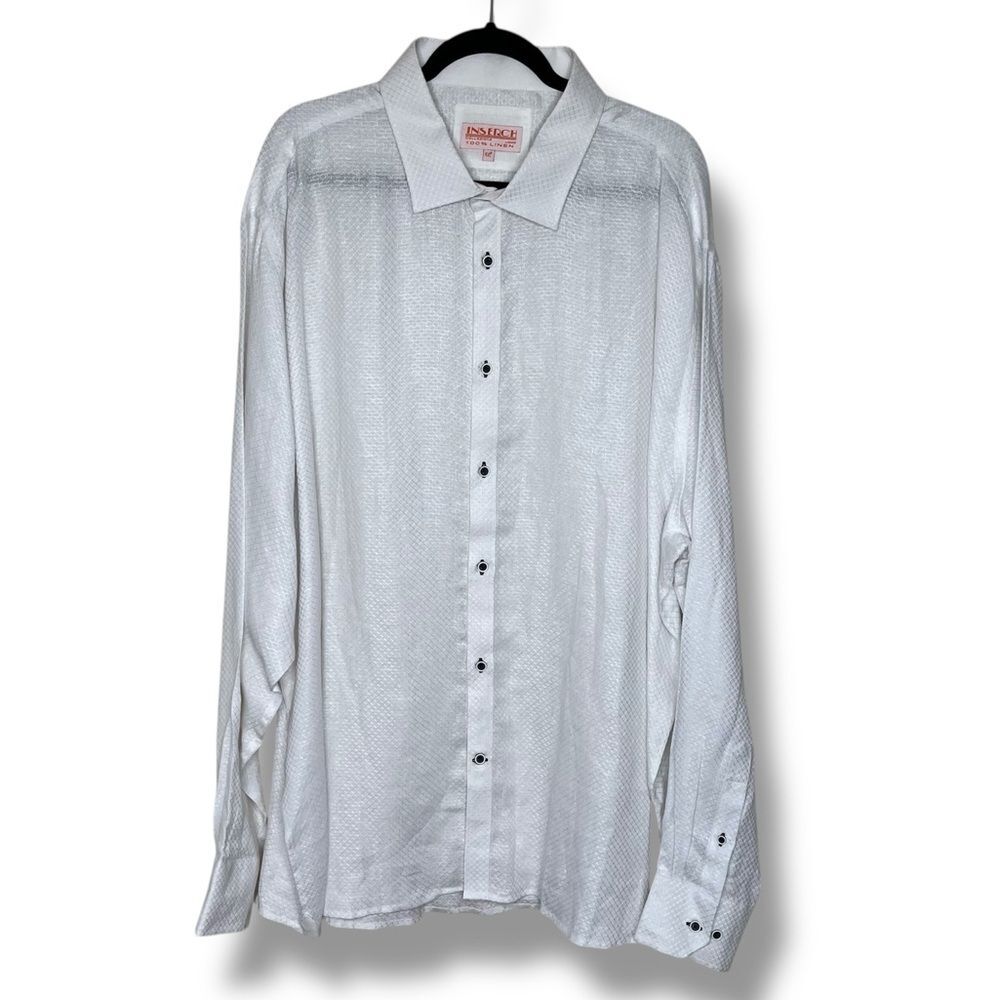 Inserch Collezione Linen White Long Sleeve Textured Button Front Shirt Men 4XL
